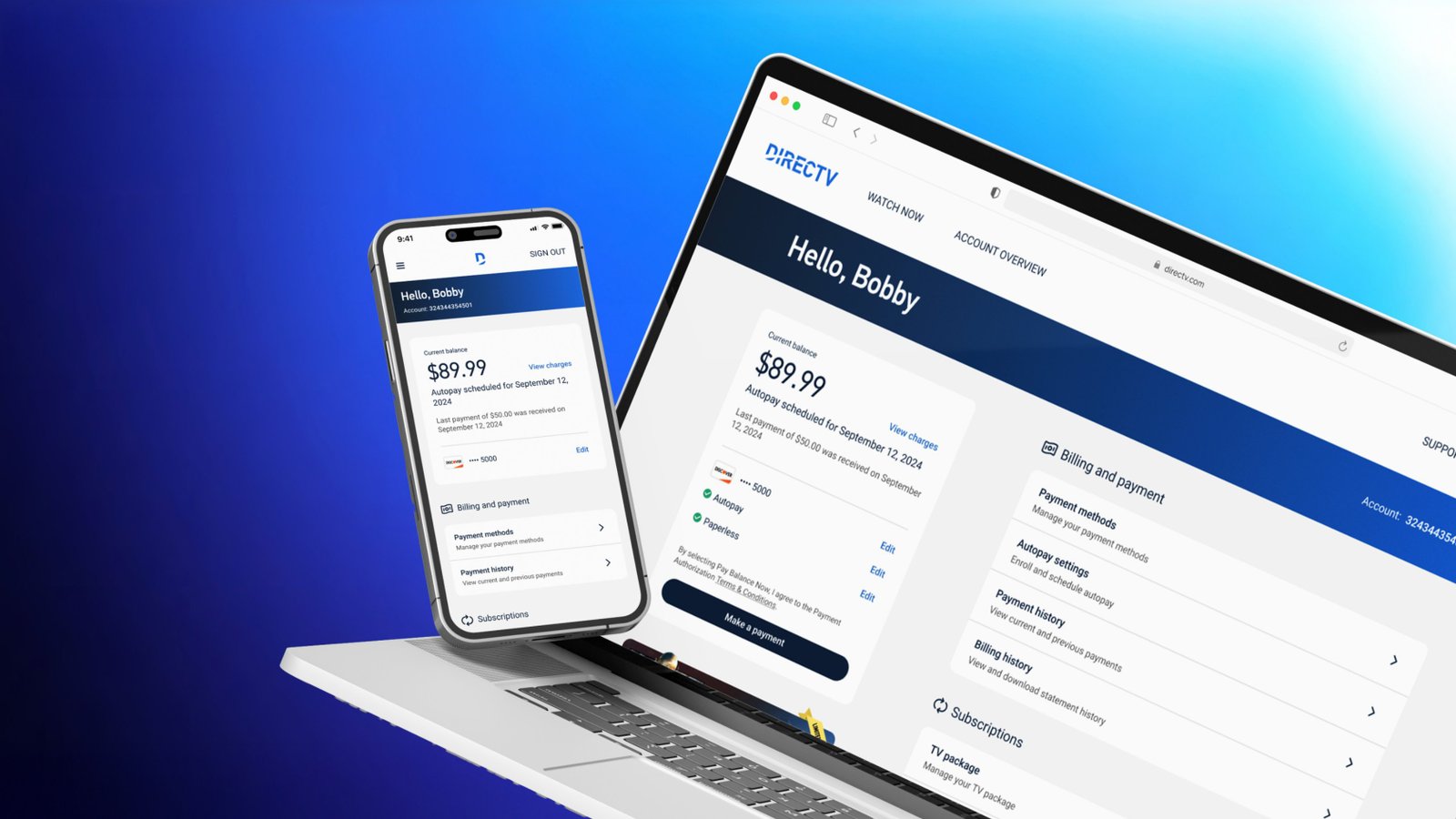 The DIRECTV account overview and billing experience on desktop and mobile