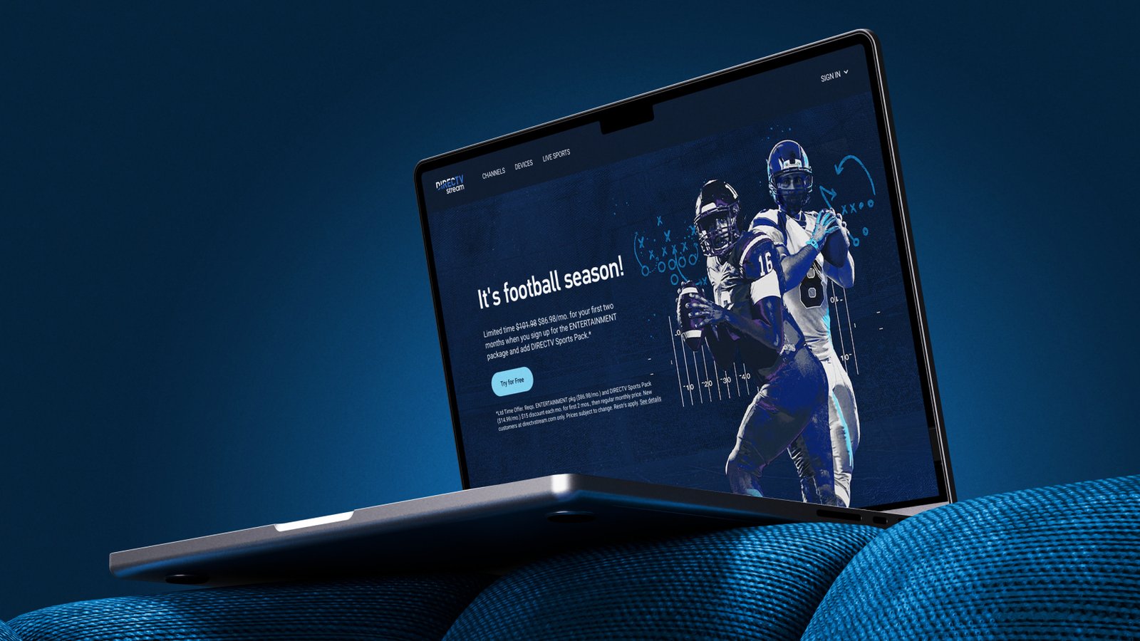 The DIRECTV STREAM football-season homepage displayed on a laptop