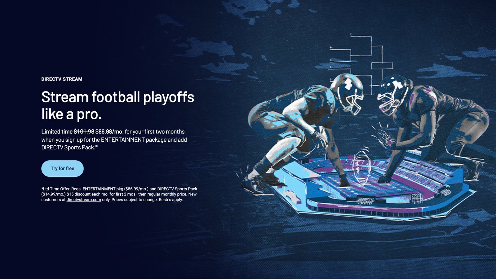 DIRECTV STREAM football playoffs marquee with pricing offer and Try for free call to action