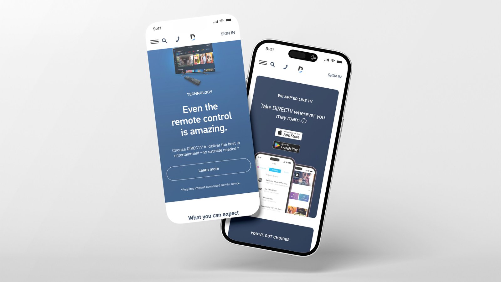 Two DIRECTV mobile pages — a technology page and an app download page — shown on phones