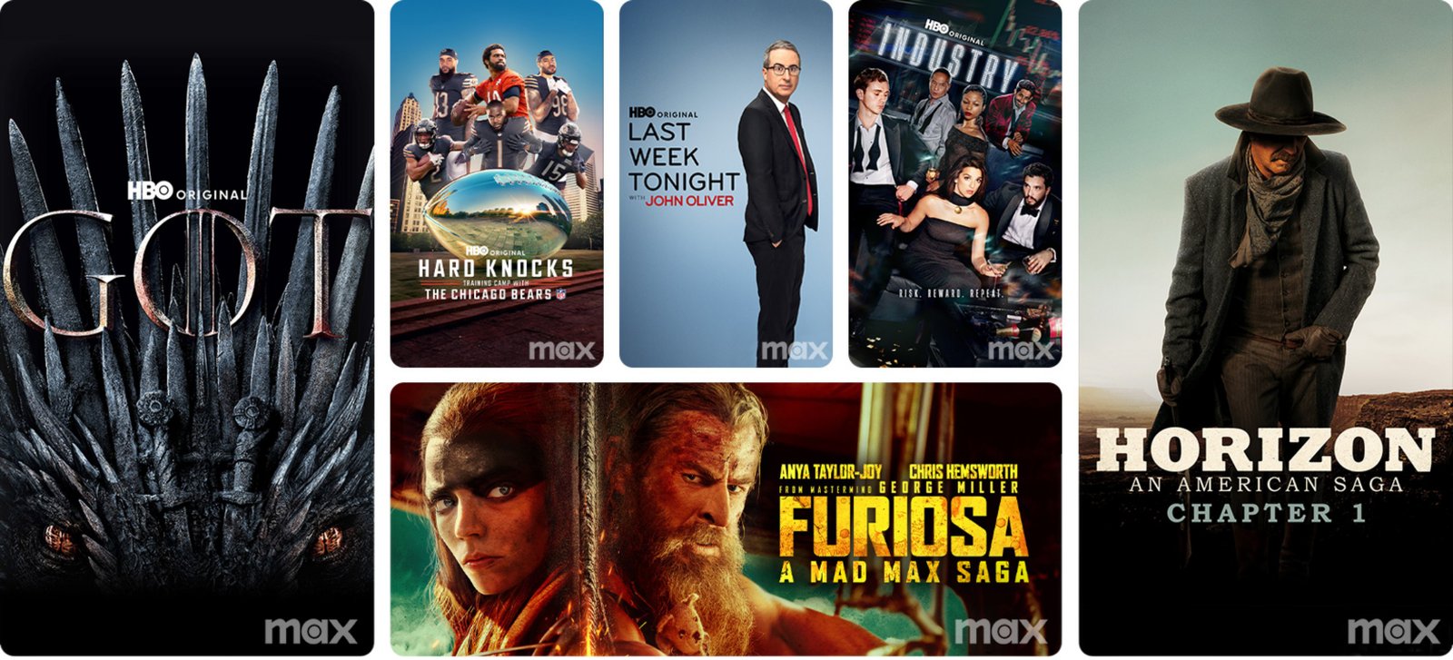 A row of Max title artwork in mixed aspect ratios, from tall posters to wide key art