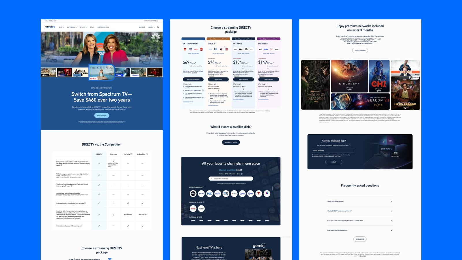 Three DIRECTV page templates side by side — a competitor comparison page, a package picker, and a premium-networks page