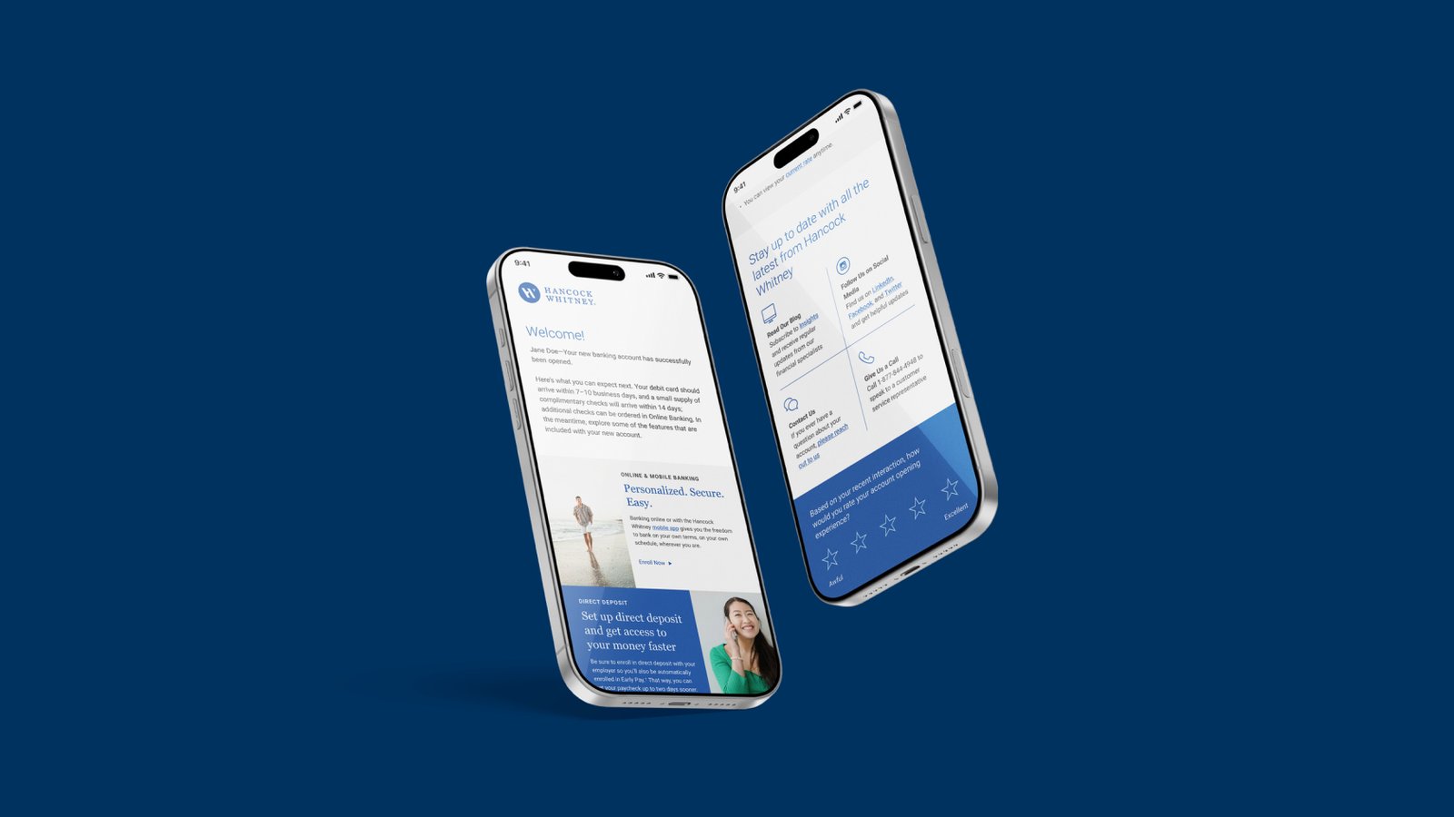 Hancock Whitney banking screens on two phones